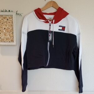 NWT Tommy Hilfiger Red, White, and Black Cropped Woman's Hoodie